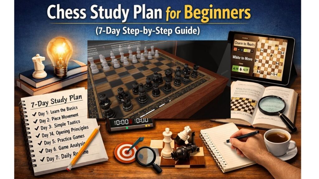 chess study plan for beginners 7-day step-by-step guide with daily training schedule and chessboard