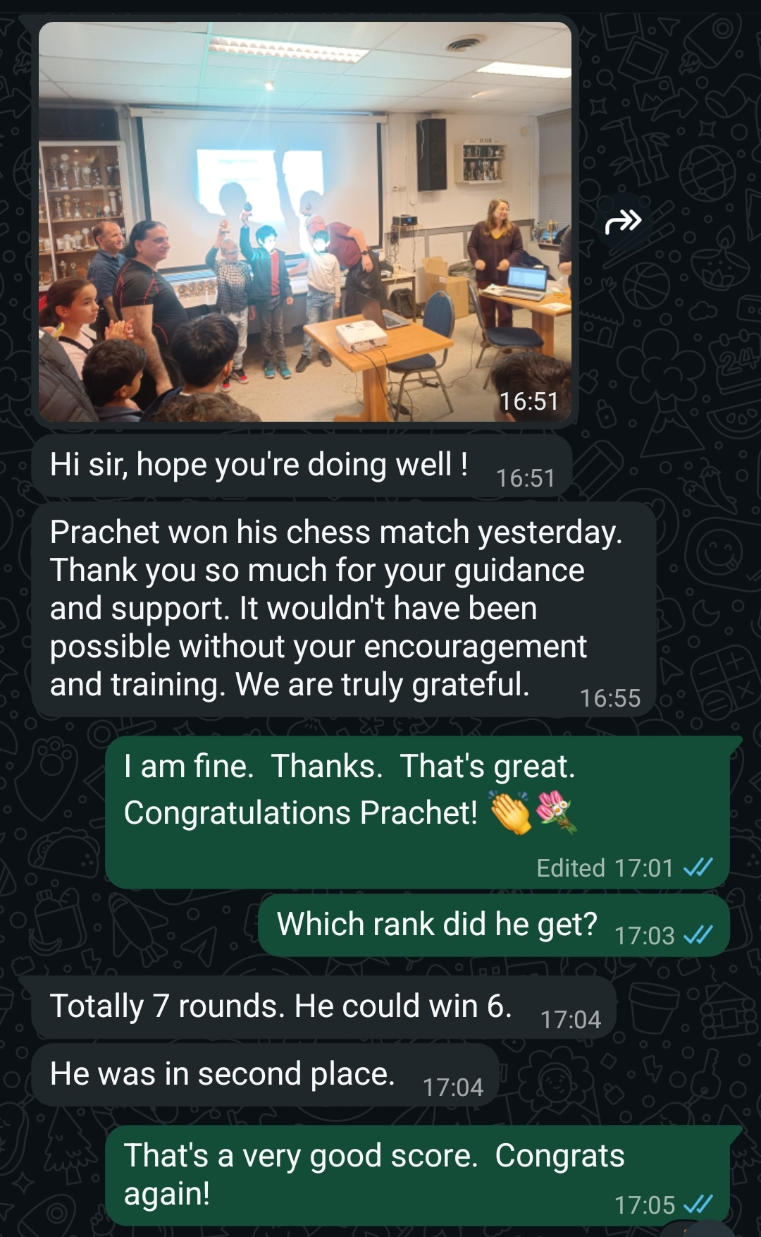 Parent appreciation message for online chess coaching mentorship