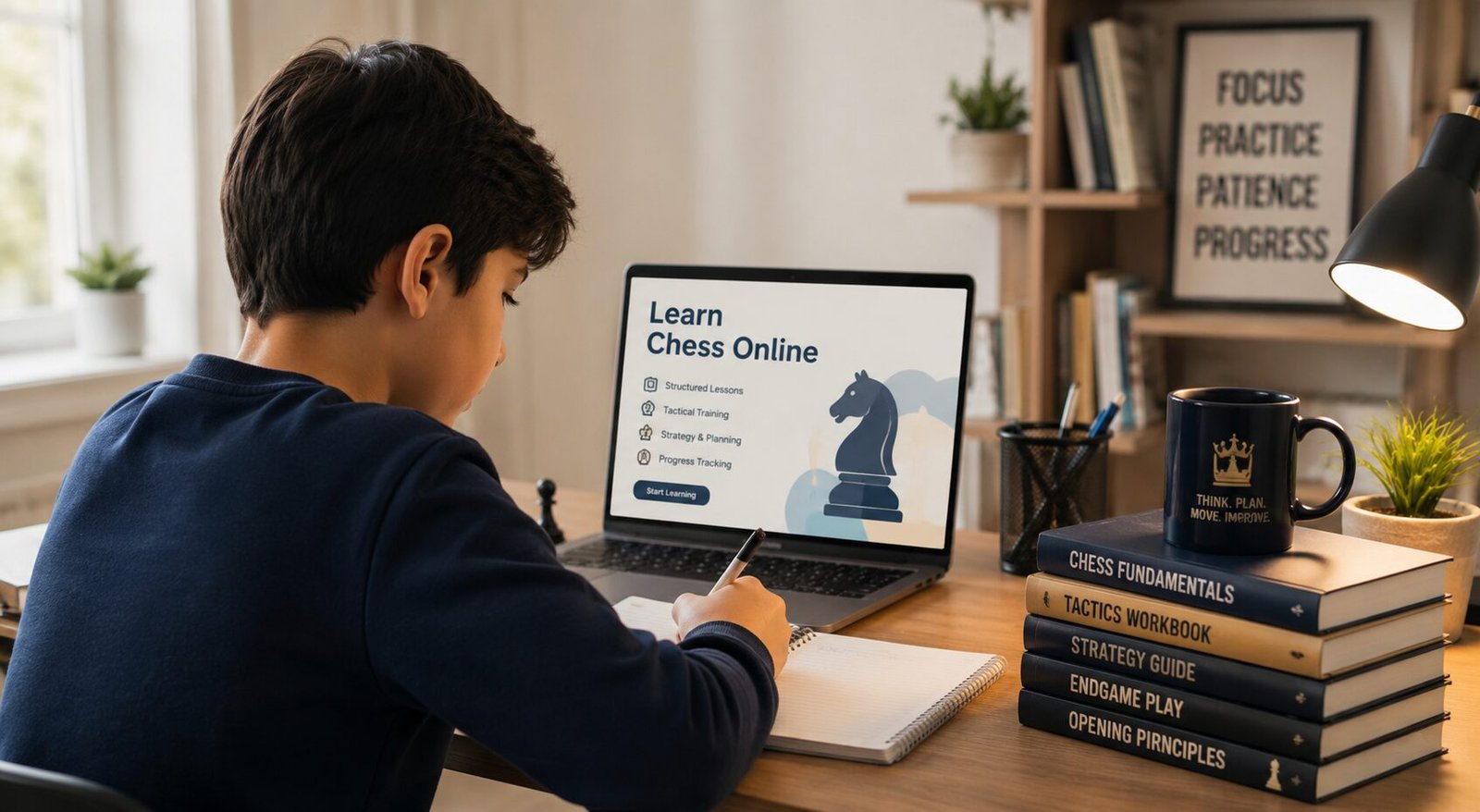 Student learning chess online using a structured training program