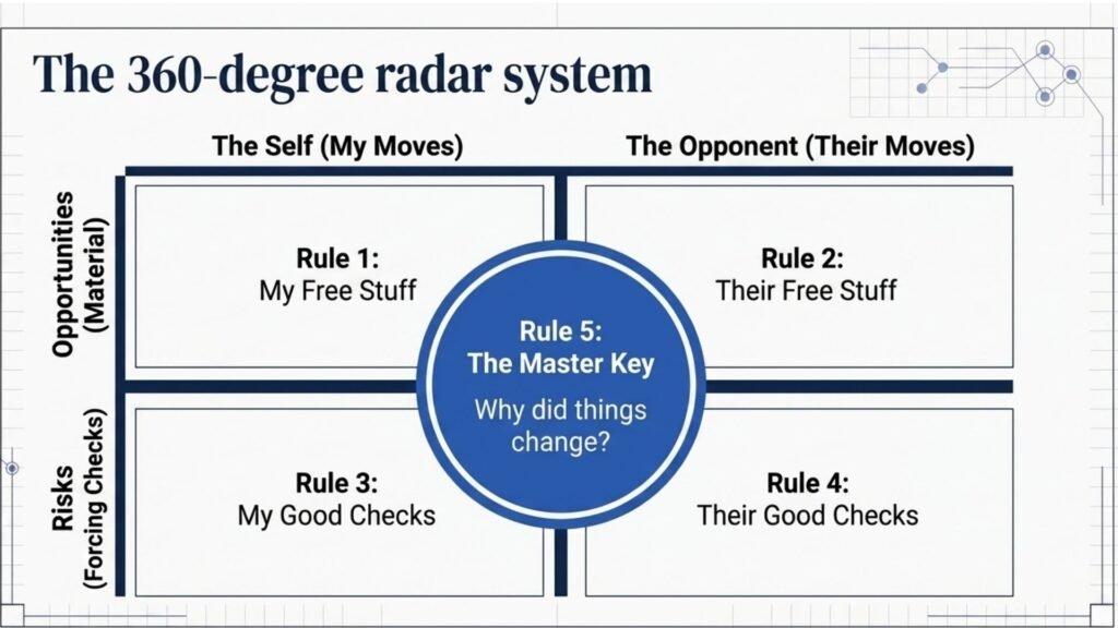 Radar diagram showing how the Five Rules help students evaluate both opportunities and threats.