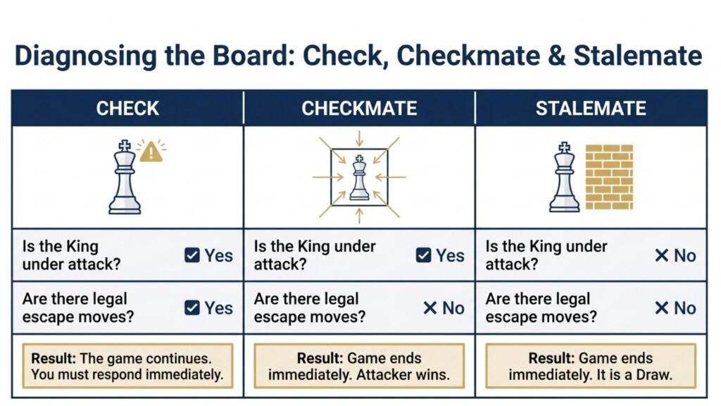 Comparison chart explaining check checkmate and stalemate in chess