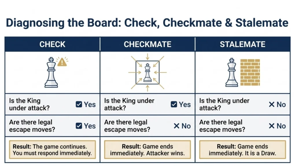 Comparison chart explaining check checkmate and stalemate in chess