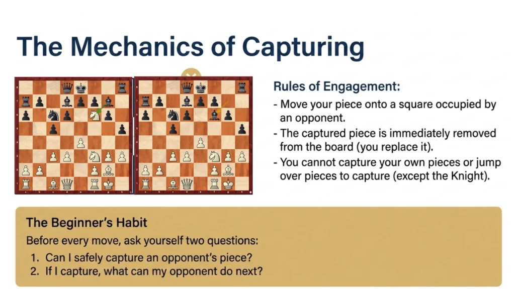 Chess capture example showing a bishop capturing an opponent's knight
