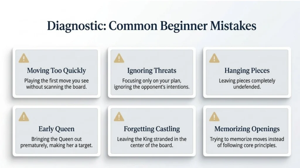 Common mistakes beginner chess players should avoid.