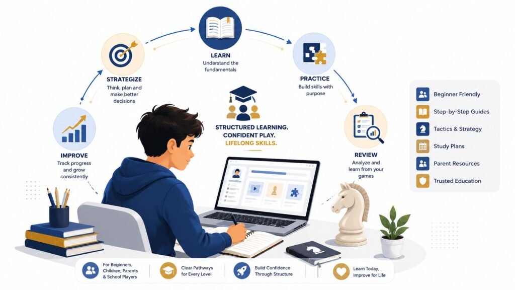 Student following a structured online chess learning pathway using educational resources on a modern digital learning platform.