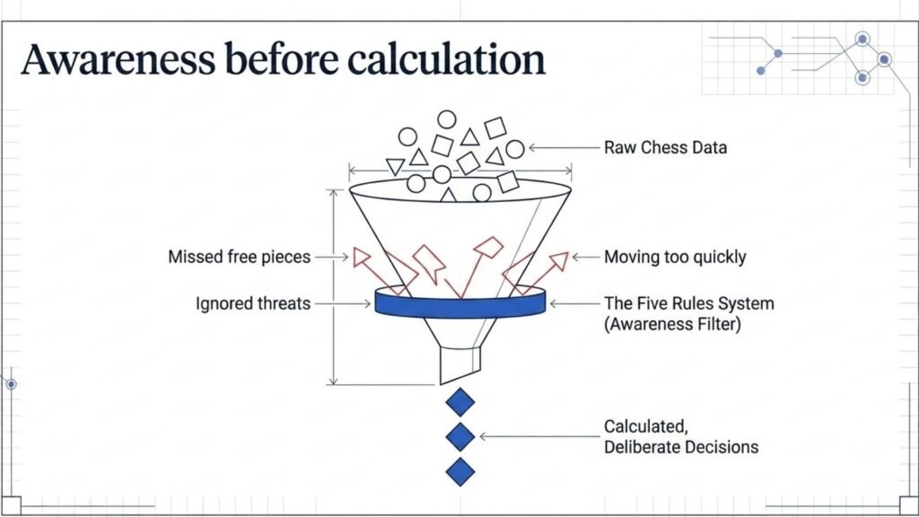 Diagram showing awareness filtering information before chess calculation begins.