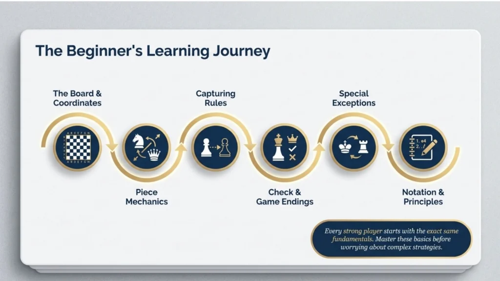 Beginner chess learning roadmap showing the progression from board setup to notation and game principles.