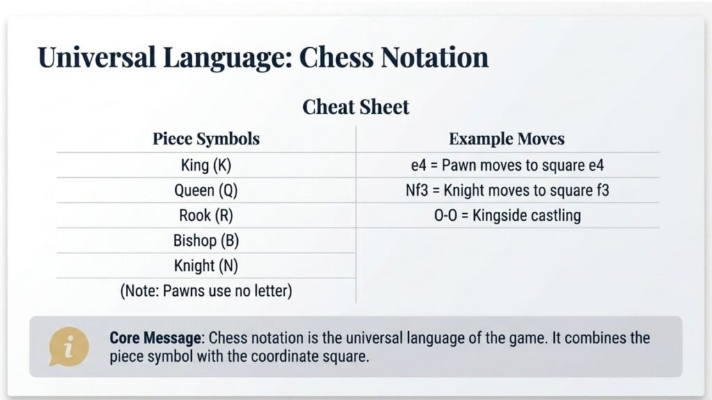 Chess notation cheat sheet showing piece symbols and example moves.