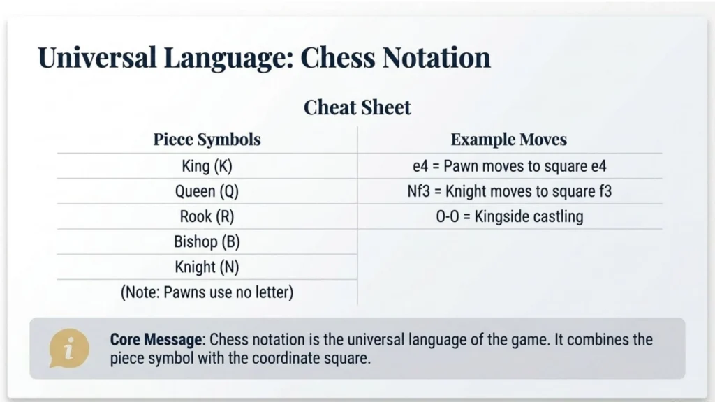 Chess notation cheat sheet showing piece symbols and example moves.