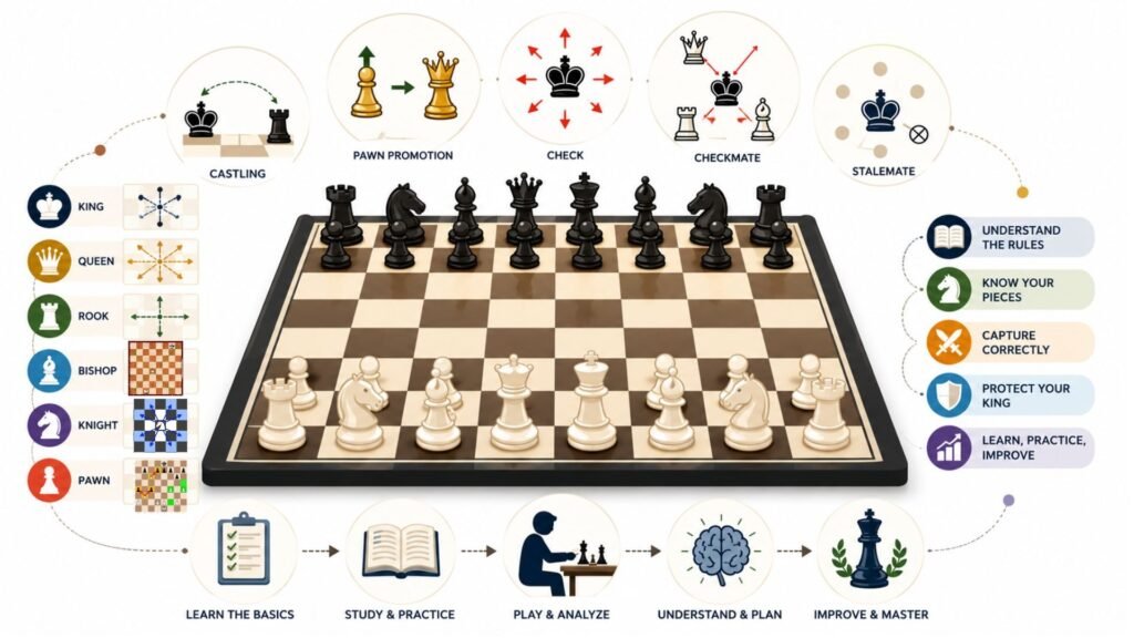 Infographic explaining chess rules for beginners, including chessboard setup, piece movement, castling, pawn promotion, check, checkmate, and stalemate.