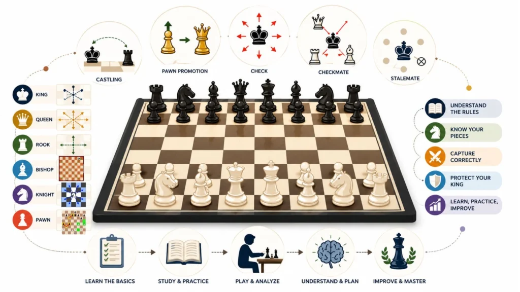Infographic explaining chess rules for beginners, including chessboard setup, piece movement, castling, pawn promotion, check, checkmate, and stalemate.