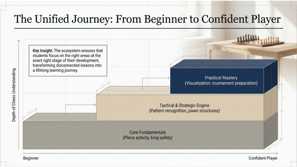 Visual showing progression from beginner fundamentals to tactical mastery and confident practical play.