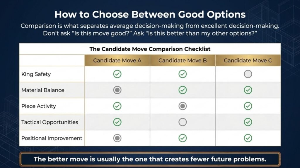 Checklist comparing multiple candidate chess moves using positional and tactical evaluation criteria.