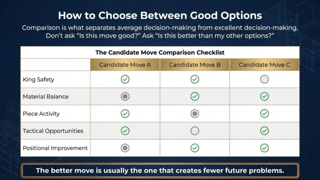 Checklist comparing multiple candidate chess moves using positional and tactical evaluation criteria.