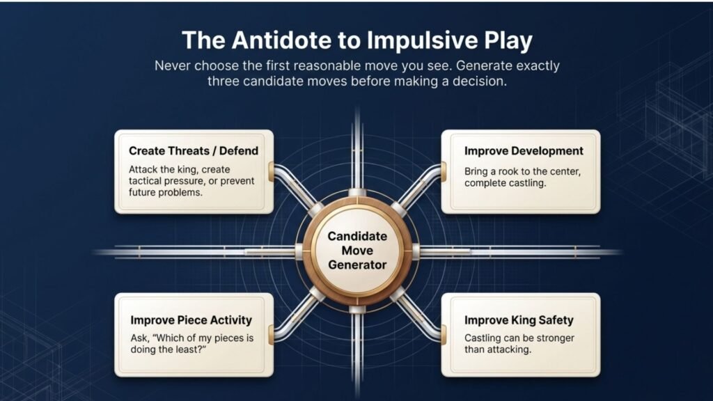 Flowchart showing interactive calculation between candidate moves and the opponent's best responses.