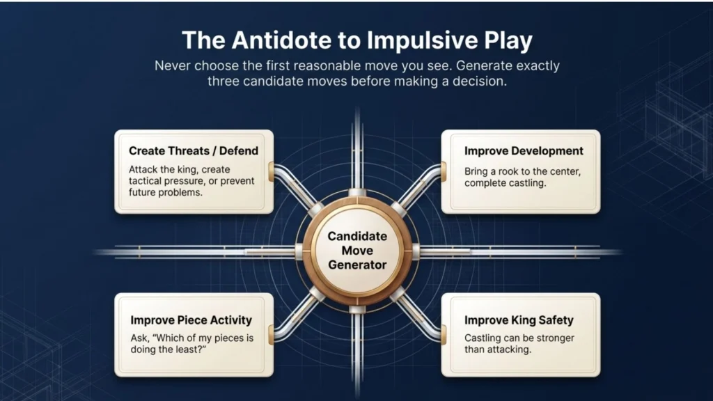 Flowchart showing interactive calculation between candidate moves and the opponent's best responses.