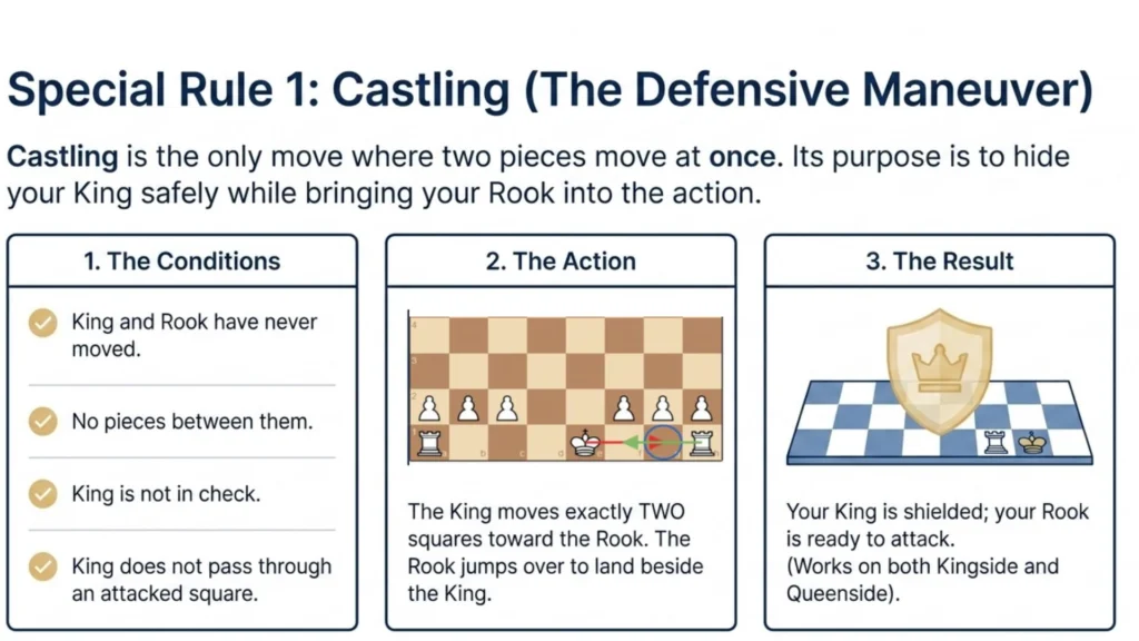 Step-by-step diagram explaining kingside and queenside castling