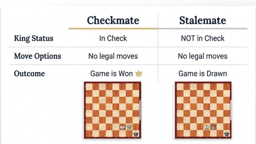 Comparison between checkmate and stalemate in chess.