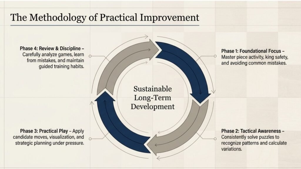 Circular diagram showing the cycle of learning, practicing, playing, reviewing and improving at chess.