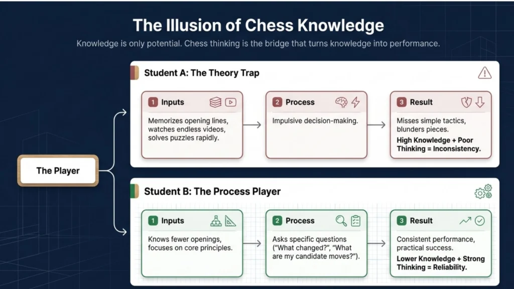 Comparison showing why strong chess thinking is more important than memorizing openings and chess theory.