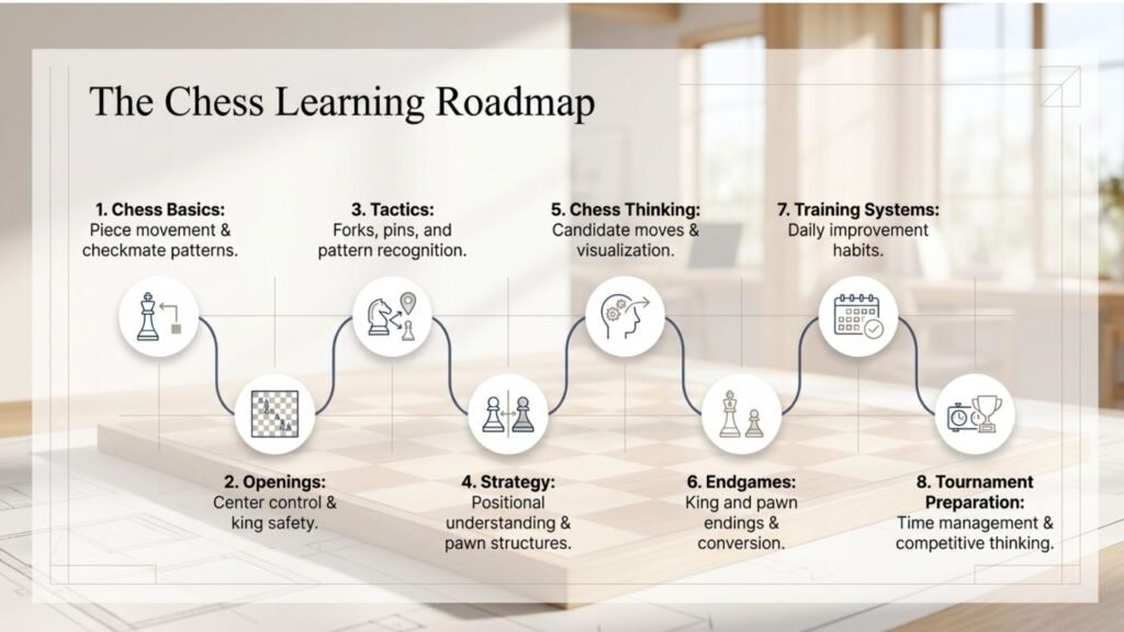 Roadmap showing the progression from chess basics through openings, tactics, strategy, thinking, endgames, training and tournaments.
