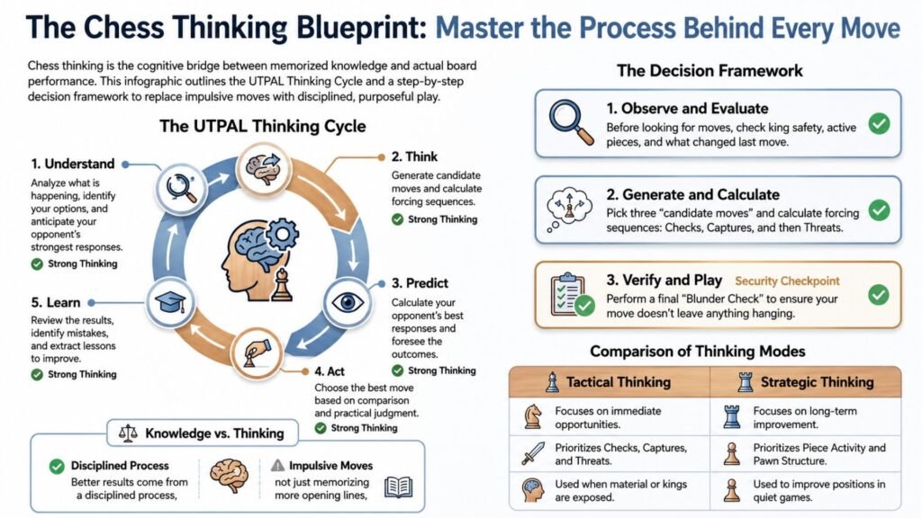 Infographic explaining the complete chess thinking process including the UTPAL Thinking Cycle, decision framework, tactical versus strategic thinking, and disciplined move selection.