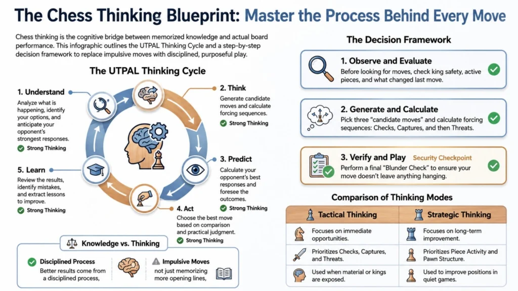 Infographic explaining the complete chess thinking process including the UTPAL Thinking Cycle, decision framework, tactical versus strategic thinking, and disciplined move selection.