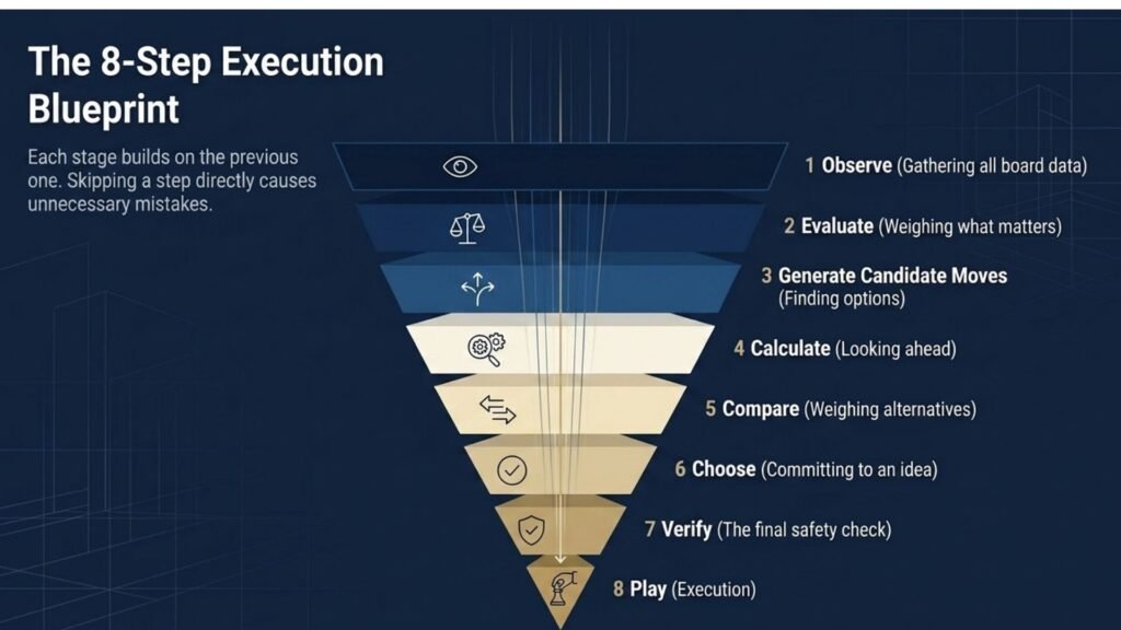 Eight-step chess thinking framework showing observation, evaluation, candidate moves, calculation, comparison, verification, and move execution.