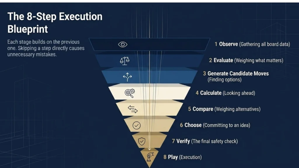Eight-step chess thinking framework showing observation, evaluation, candidate moves, calculation, comparison, verification, and move execution.