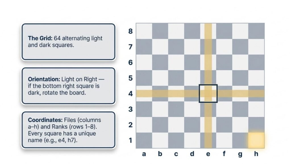 Chessboard showing files, ranks and coordinate system with correct board orientation.