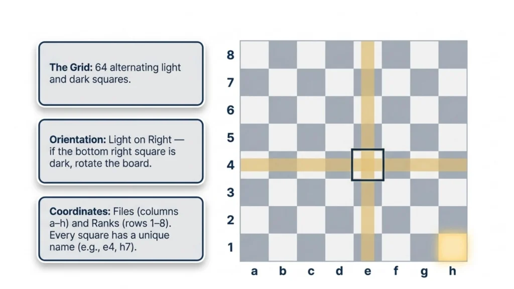 Chessboard showing files, ranks and coordinate system with correct board orientation.