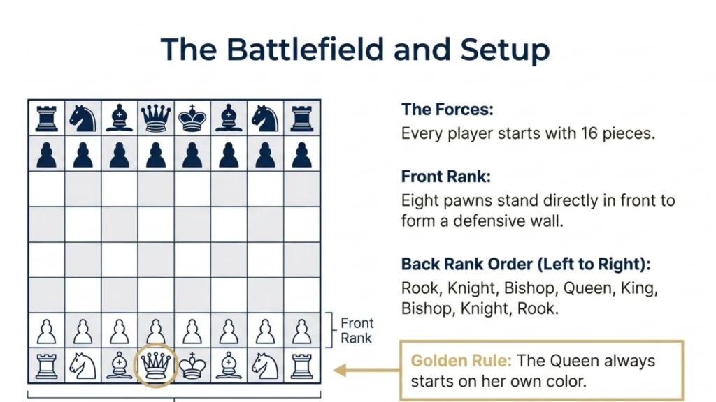 Standard chessboard setup showing starting positions of all chess pieces