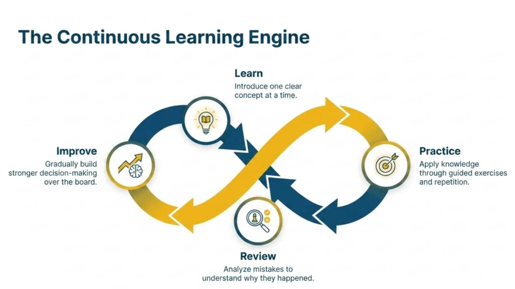 Diagram illustrating the learning cycle of learning, practicing, reviewing and improving in chess.