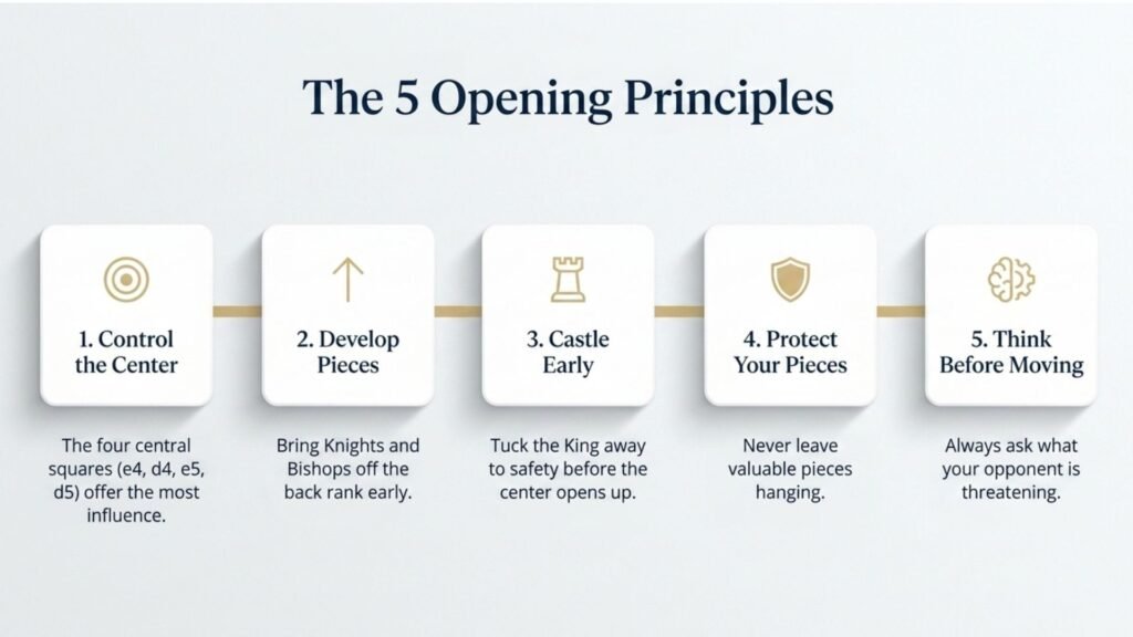 Five opening principles every beginner should follow in chess.