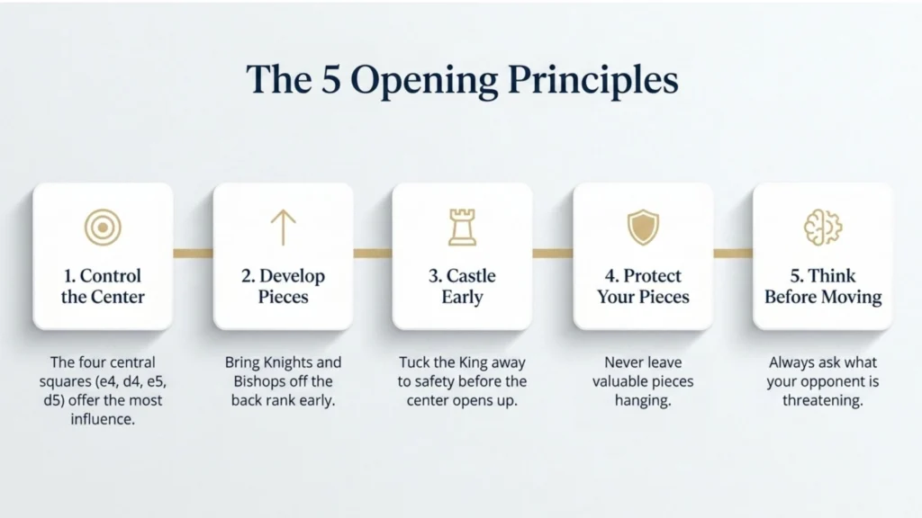 Five opening principles every beginner should follow in chess.