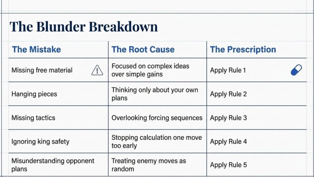 Table linking common chess mistakes to the corresponding Five Rules.
