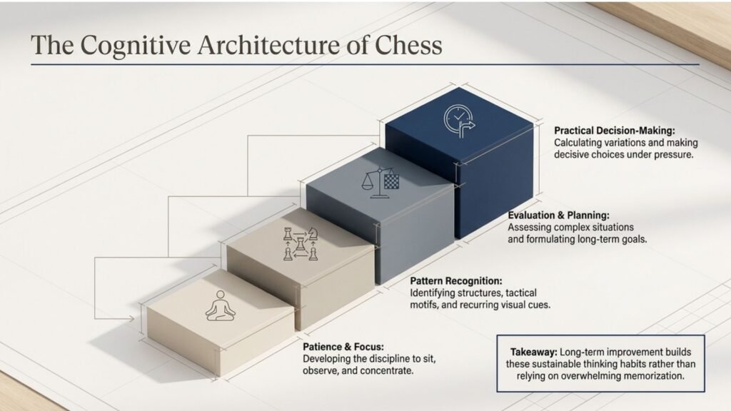 Educational diagram showing how chess develops focus, pattern recognition, planning and practical decision-making.