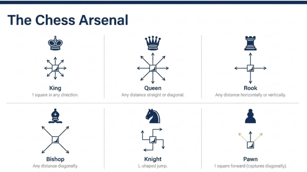 Chess piece movement guide showing king queen rook bishop knight and pawn movement