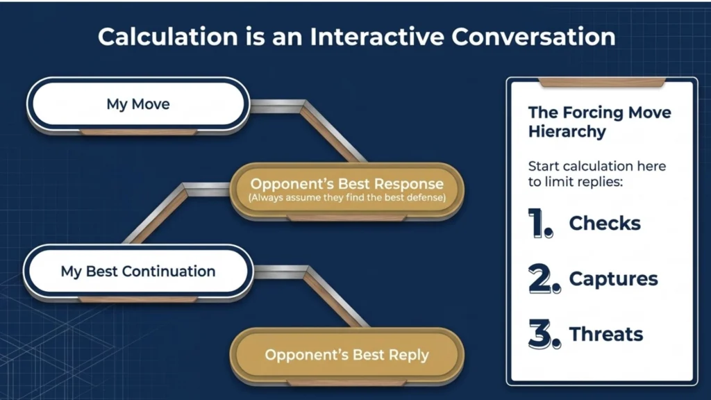 Diagram illustrating interactive chess calculation between your move and your opponent's best responses.