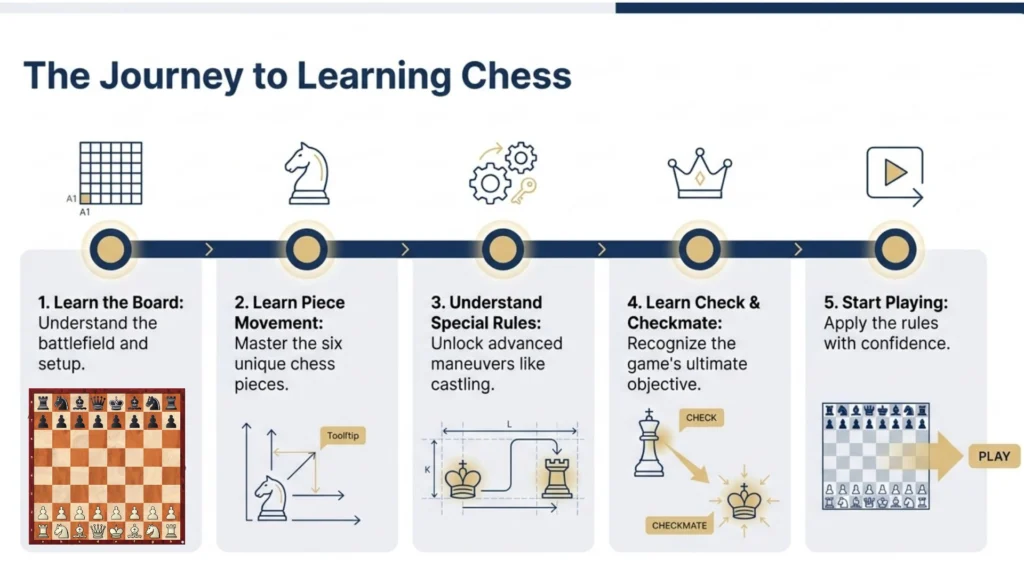 Step-by-step journey showing how beginners learn chess from board setup to playing games