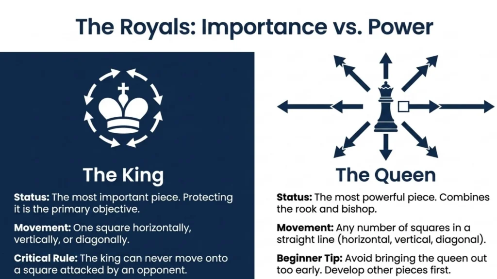 Comparison of the king and queen showing movement and importance in chess
