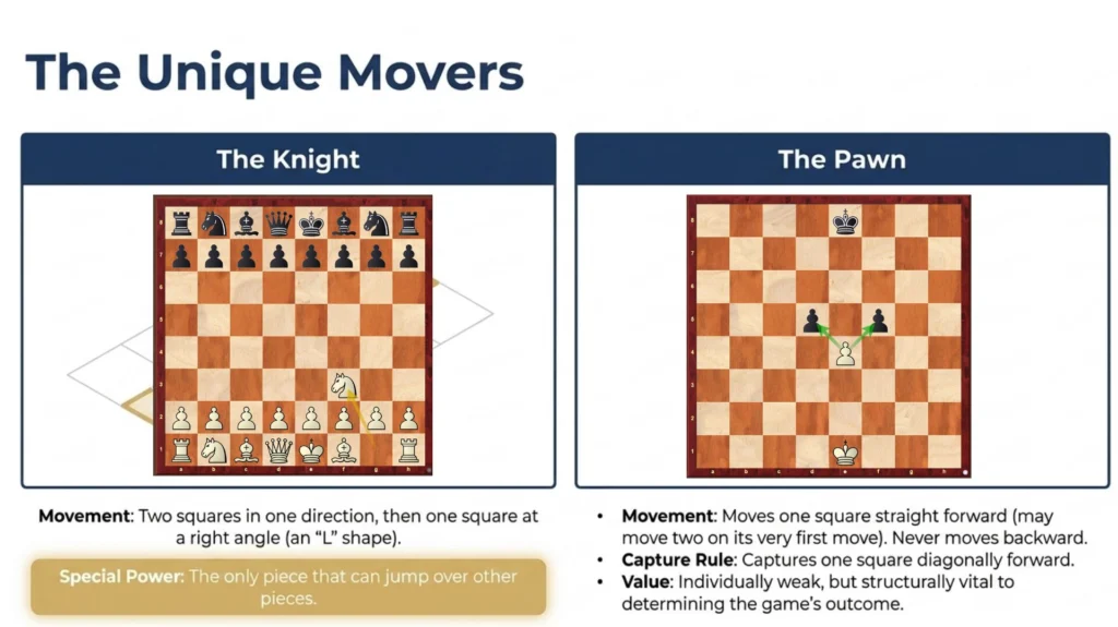 Knight L-shaped movement and pawn movement rules illustrated on a chessboard