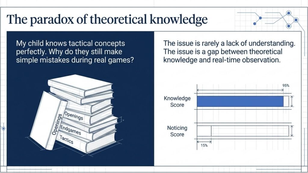Comparison showing that theoretical chess knowledge alone does not prevent blunders.