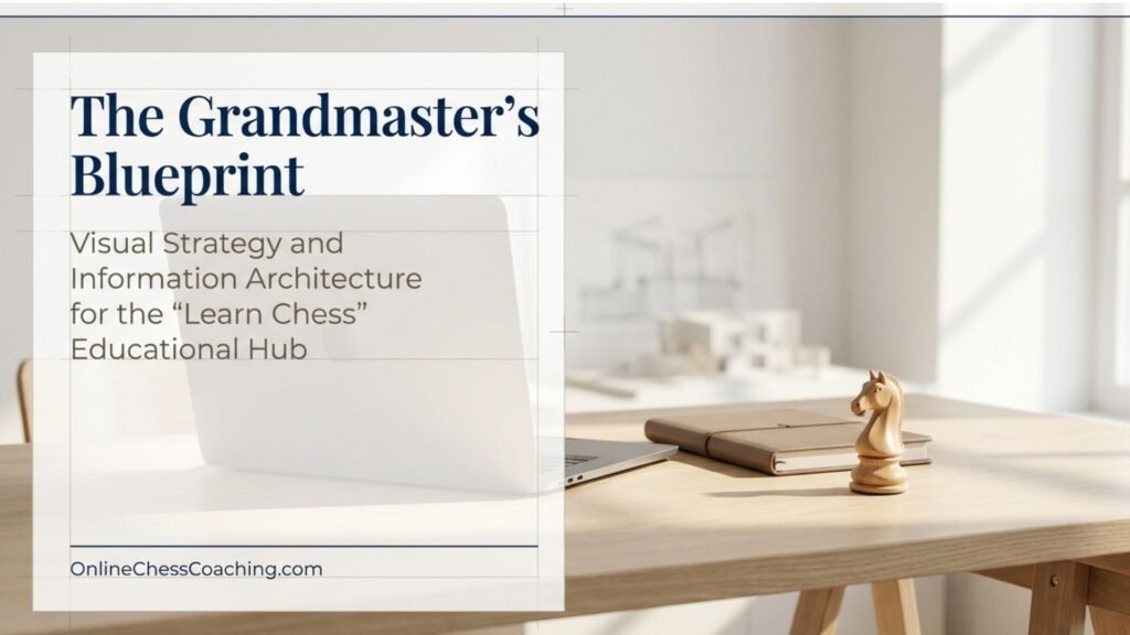 Learn Chess educational hub showing a premium online chess learning environment with a laptop, notebook and chess knight representing structured chess improvement.