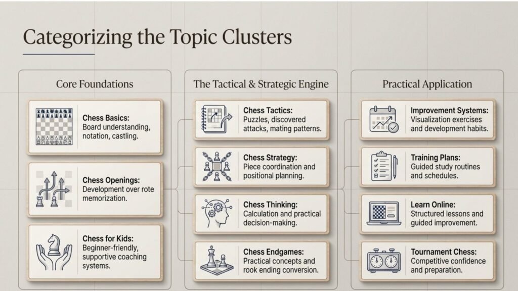 Diagram organizing chess learning into foundations, tactical and strategic development and practical application.