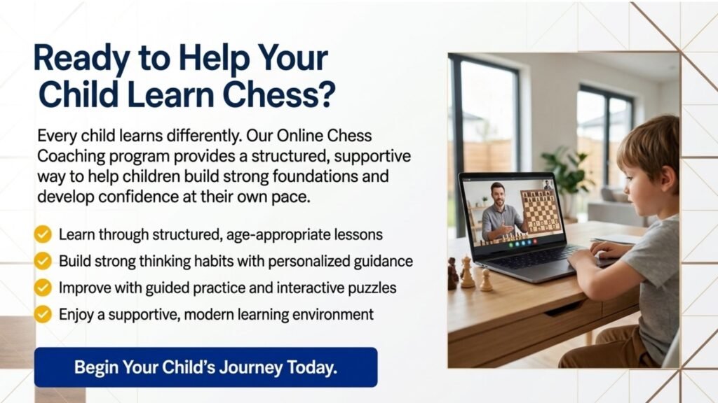 Child participating in an online chess coaching lesson from home