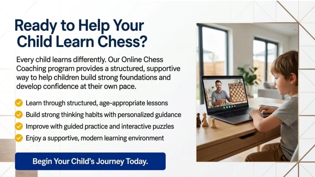 Child participating in an online chess coaching lesson from home