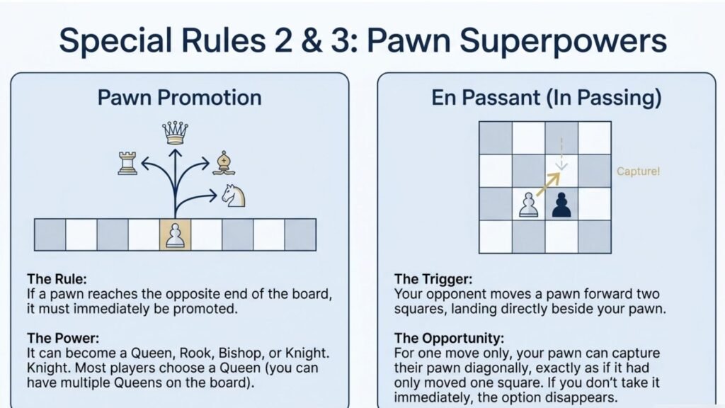 Pawn promotion and en passant illustrated for beginner chess players