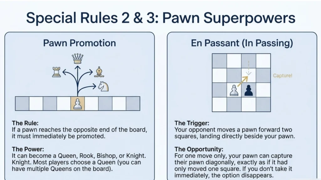 Pawn promotion and en passant illustrated for beginner chess players