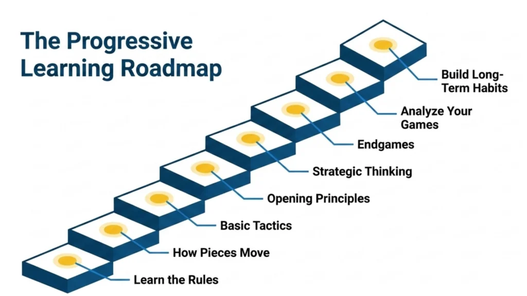 Structured roadmap showing the recommended progression from learning chess rules to long-term improvement.
